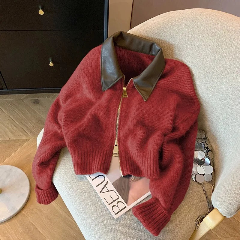 Spliced Leather Collar Knit Sweater Fashion Double Zipper Cardigan Women's Autumn/Winter New Soft Vintage Long Sleeve Streetwear