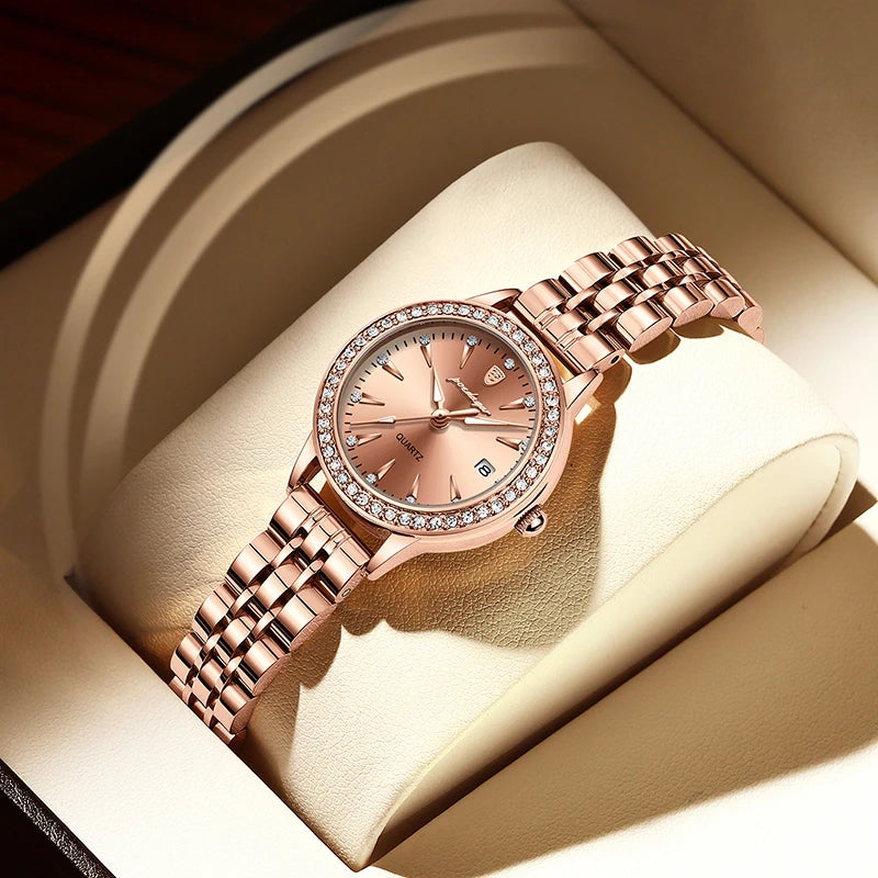 POEDAGAR Ultra Thin Women Watches Rose Gold Luxury Steel Strap Brand Diamond Dial Ladies Watch Bracelet Waterproof Date Clock