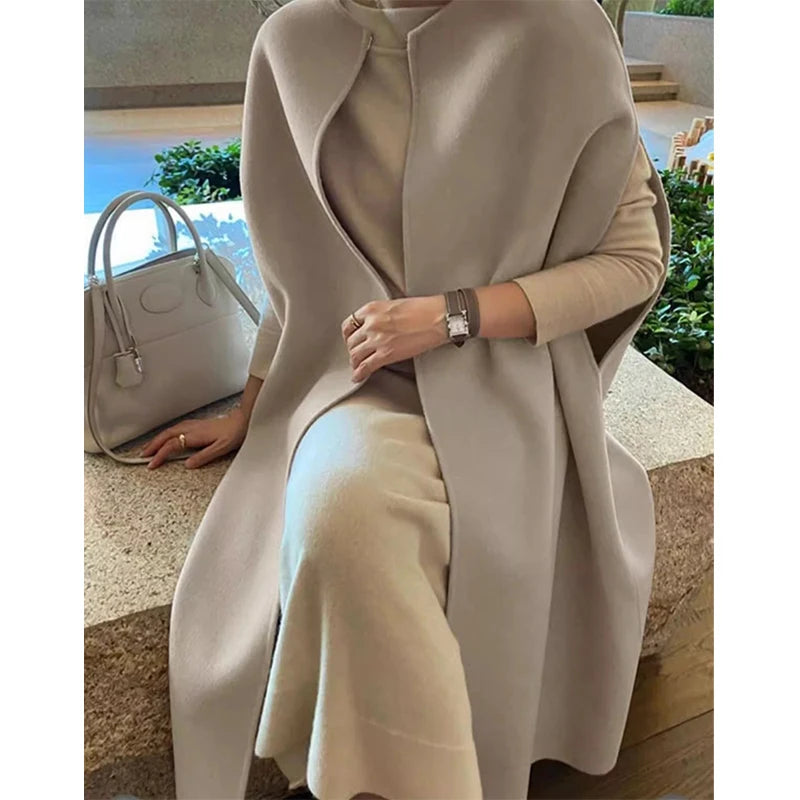 [EWQ] Korea Chic Tops Elegant Vintage O Neck Shawl Loose Cardigan Coffee Woolen Women Autumn 2024 Winter Shawl Cloak Coats U7318