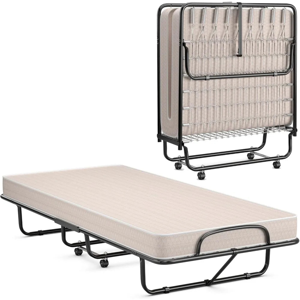 FoldingBedwithMattress with Memory Foam Mattress,Portable Fold Up Guest Bed with Sturdy Steel Frame on Wheels for Home