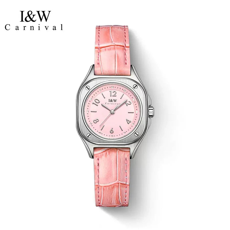 Carnival Brand I&W Series Fashion Pink Quartz Watch Women Luxury High Quality Leather Waterproof Women Wristwatches for Womens