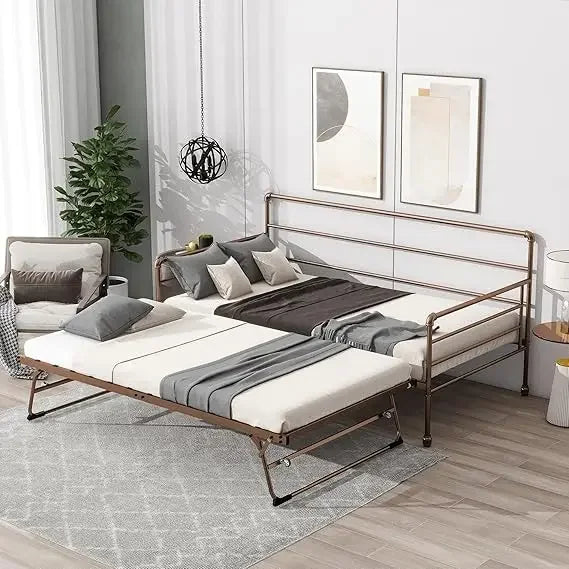 Twin Daybed with Trundle Bed Twin, Metal Daybed with Pop Up Trundle Bed Frame , Day with Pull Out for Home