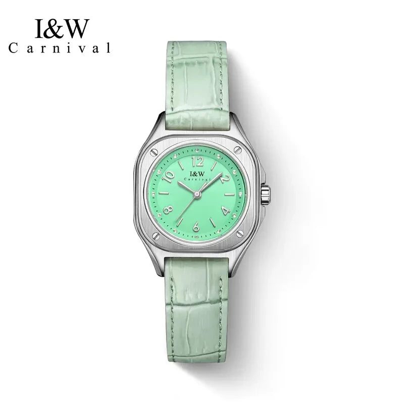 Carnival Brand I&W Series Fashion Pink Quartz Watch Women Luxury High Quality Leather Waterproof Women Wristwatches for Womens