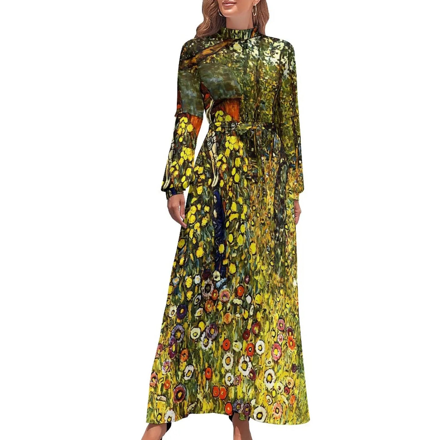 Klimt Art Dress High Neck Adele Gallery Custom Bohemia Dresses Long Sleeve Street Fashion Long Maxi Dress Cute Vestido