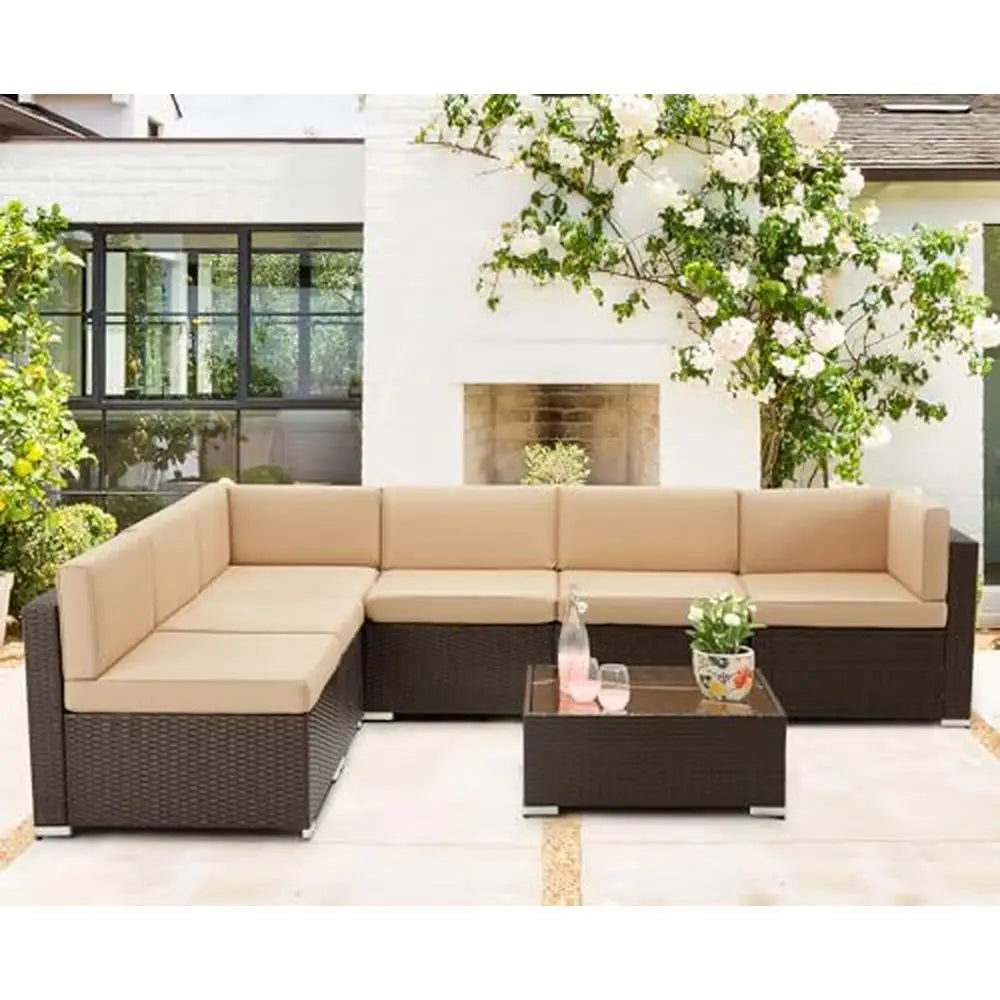 Outdoor Patio Furniture Set 7 Piece PE Rattan Wicker Sofa Sectional Set with Cushions & Tea Table Brown Khaki Poolside Deck