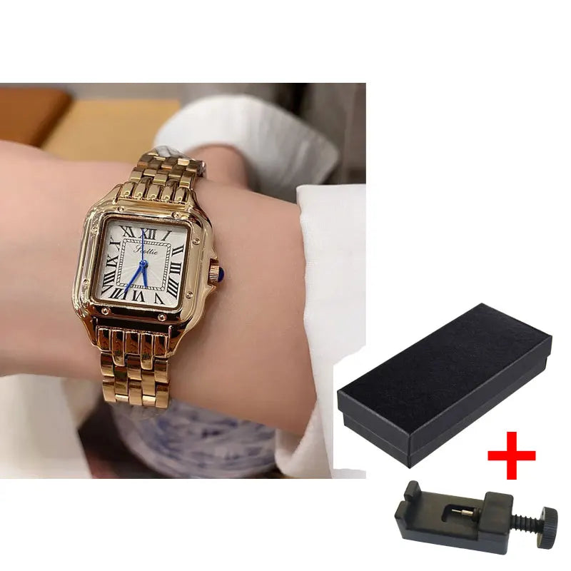 Luxury Steel Strap Square Chic Quartz Watch for Women's Fashion Roman Chassis Hand Waterproof Fashion Wrist Watch Relogio Femino