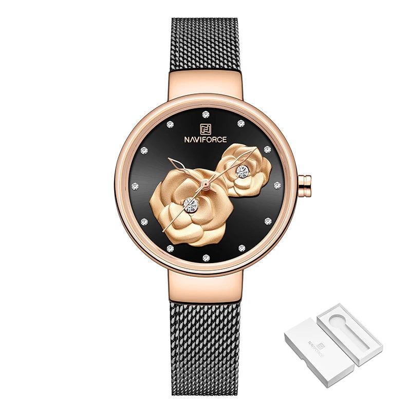 Women Watch NAVIFORCE Top Luxury Brand Steel Mesh Waterproof Ladies Watches Flower Quartz Female Wristwatch Charming Girl Clock