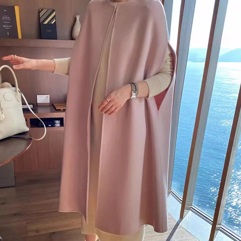 [EWQ] Korea Chic Tops Elegant Vintage O Neck Shawl Loose Cardigan Coffee Woolen Women Autumn 2024 Winter Shawl Cloak Coats U7318