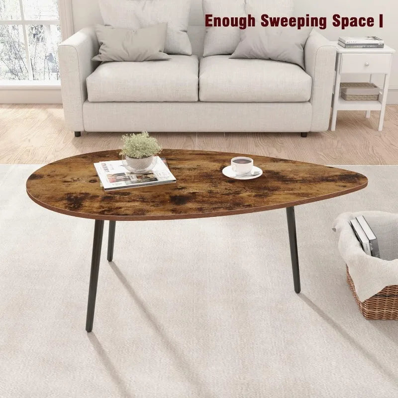 Modern Oval Small Coffee Table, Mid Century Wood Coffee Table with Metal Legs, Unique Retro Center Table