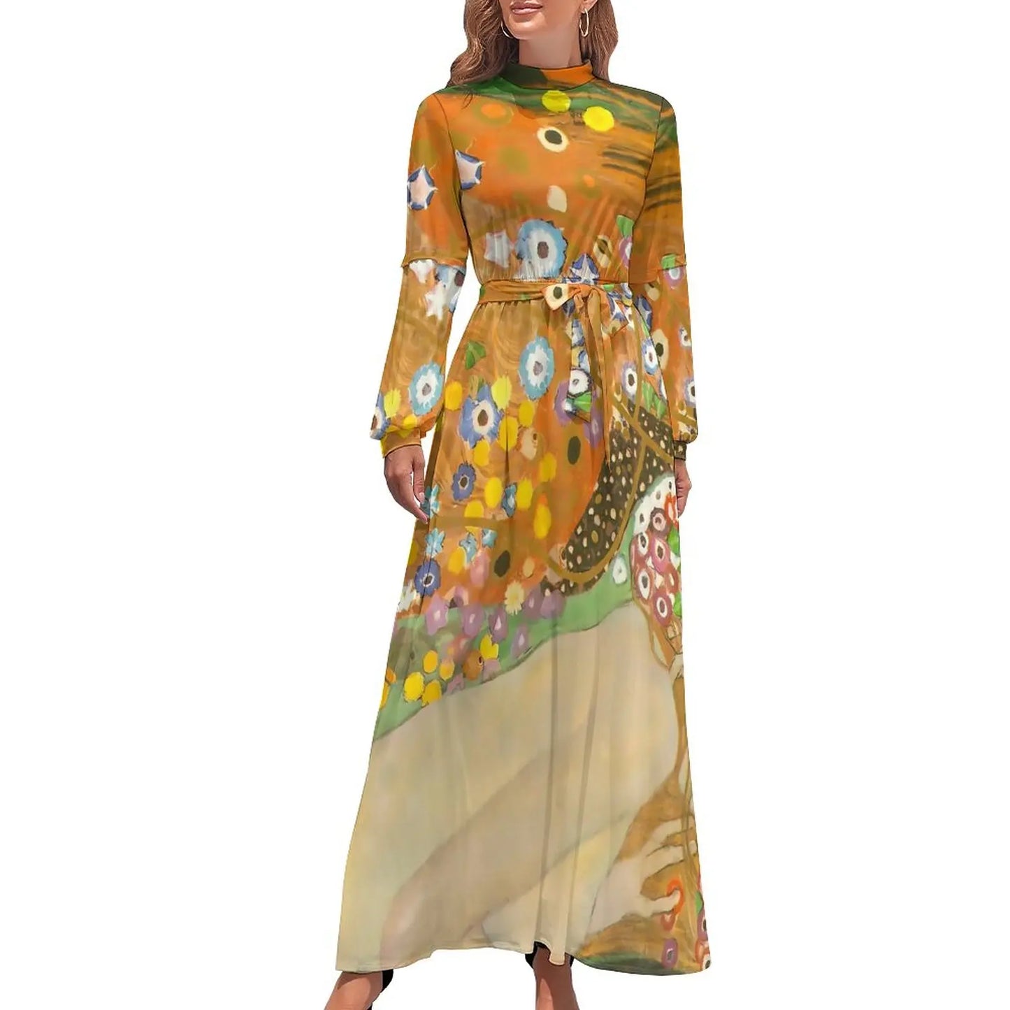 Klimt Art Dress High Neck Adele Gallery Custom Bohemia Dresses Long Sleeve Street Fashion Long Maxi Dress Cute Vestido