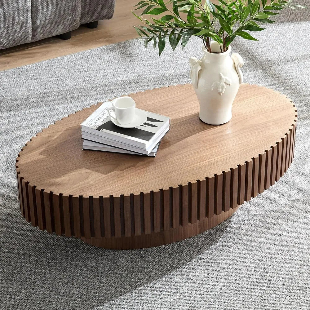 Round Wooden Coffee Table for Living Room, Modern Fluted Drum Side Table, Easy to Assemble for Tight Spaces