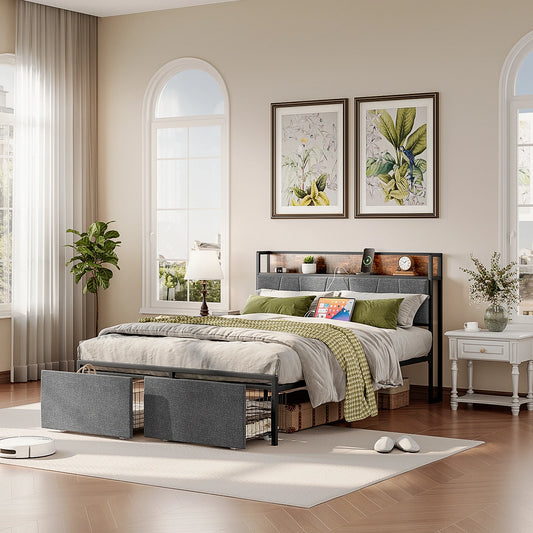 Aoxun Upholstered Full Size Bed Frame with 2 Storage Drawers, Storage Headboard with Charging Station