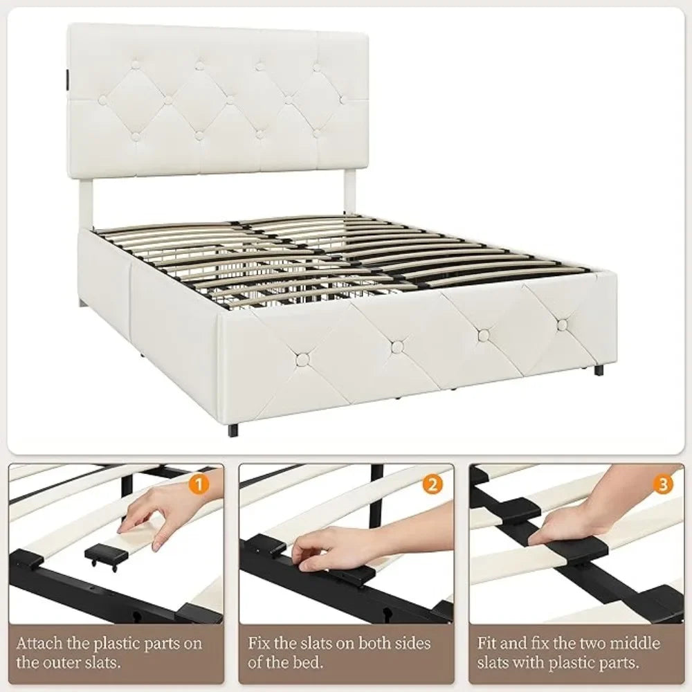 Full Size Upholstered Bed Frame with 2 USB Charging Faux Leather Platform Bed with Strong Wooden Slats, Bed Bases