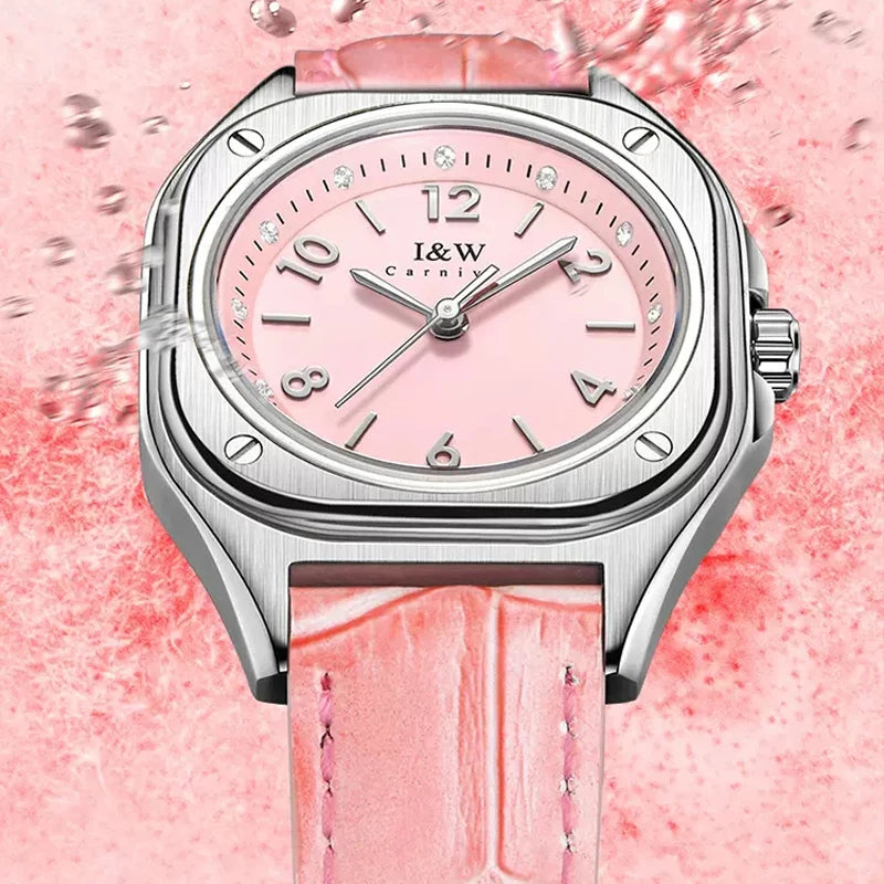 Carnival Brand I&W Series Fashion Pink Quartz Watch Women Luxury High Quality Leather Waterproof Women Wristwatches for Womens