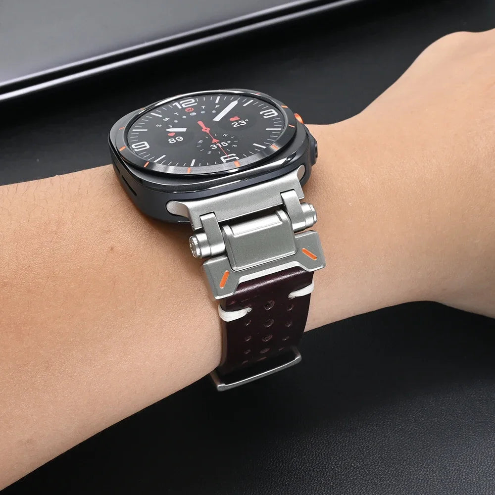 No Gaps Stainless Steel+Leather Band for Samsung Galaxy Watch Ultra 47mm Men Luxury Bracelet for GALAXY WATCH ULTRA Mecha Strap