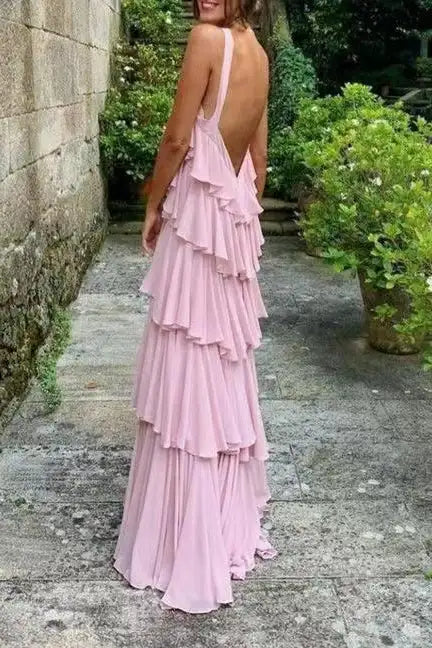 Unique Neckline Tiered Long Party Dress