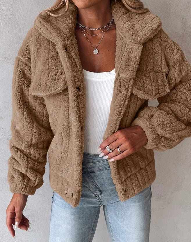 Woman Fashion Teddy Jacket New Winter Women's Thicken Casual Long Sleeves Turn-Down Collar Buttoned Coats Temperament Commuting