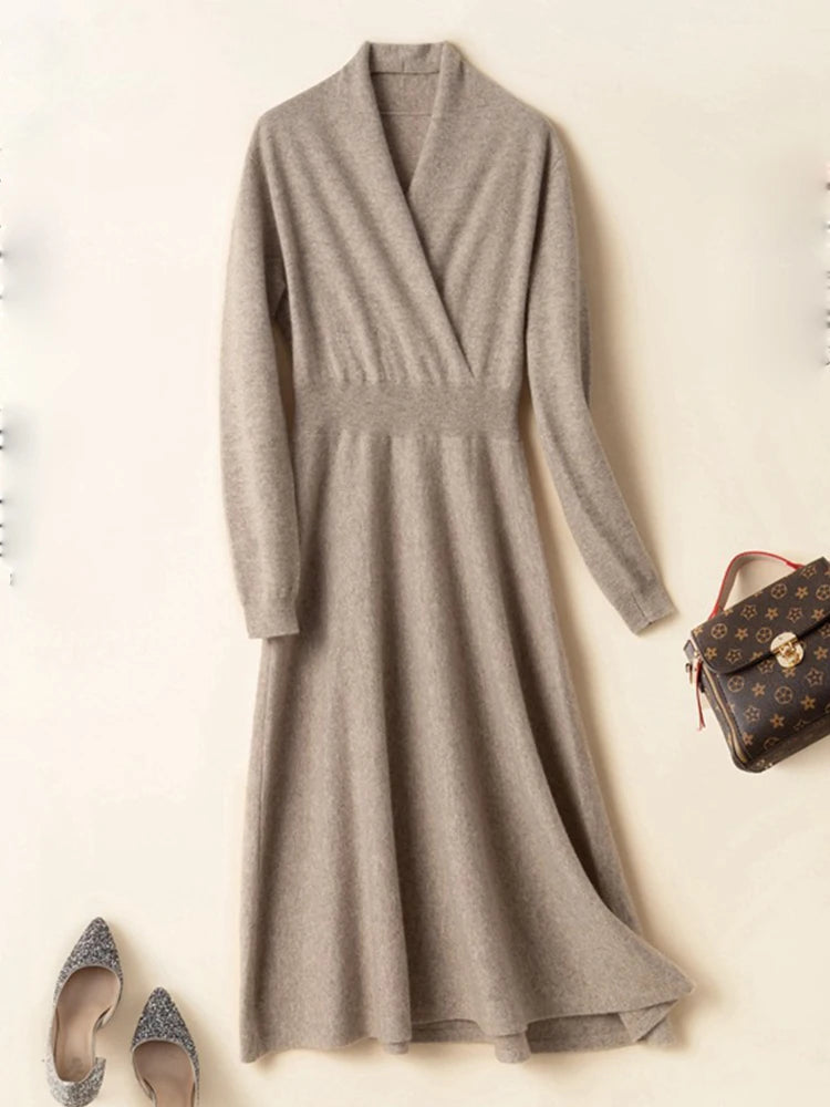 Birdtree Cashmere Wrap-up Dress Crossover V-neck Midi A-line Waist-length Over-the-knee Solid Commuting Knit Skirt D38012QD