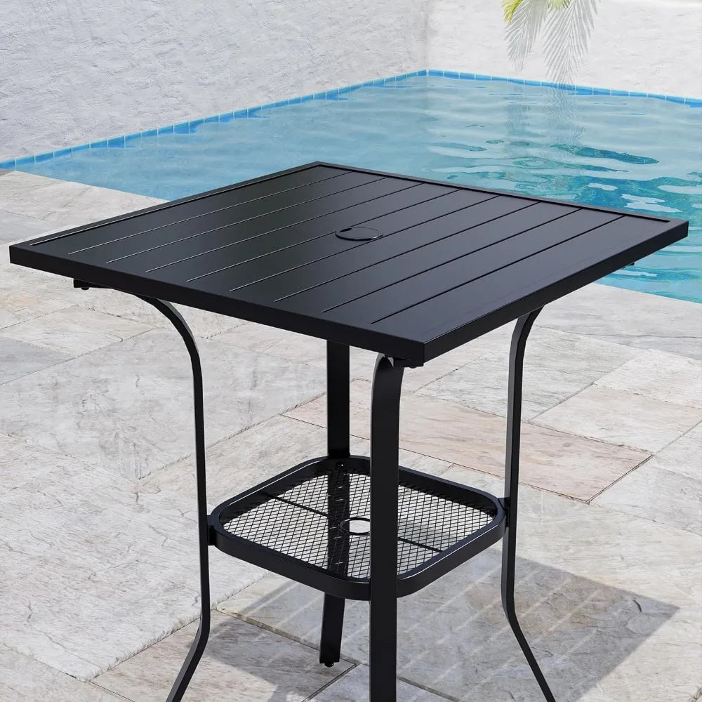 Outdoor Bar Table with Umbrella Hole, Patio Furniture Square Metal Bar Height Table, Cafe Bistro Table