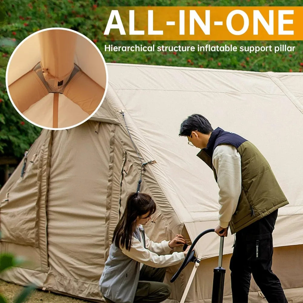 Inflatable Camping Tent with Pump,4 Season Waterproof Windproof Outdoor Tent, Luxury Cabin Tent with Mesh Windows & Doors