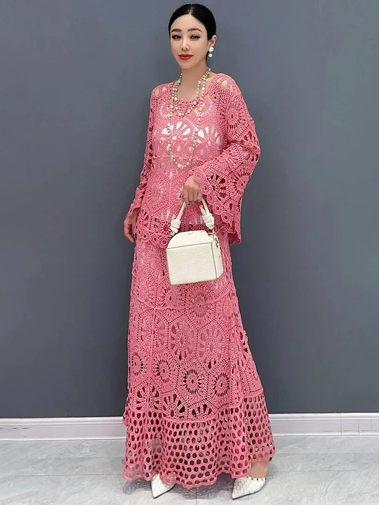 SHENGPALAE New Lace Set With Hollow Top Swing Long Skirt 2 Piece Set Fashionable Elegant Lady 2024 Spring Summer Clothes 5R9560