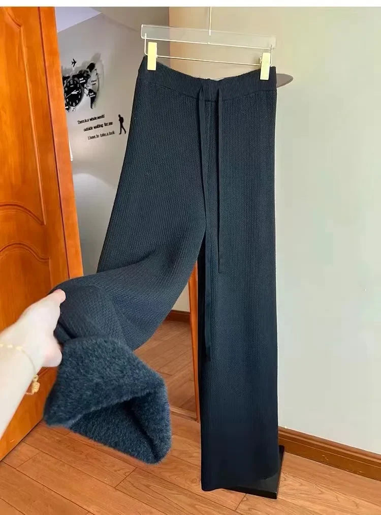 2023 Slim Simple Knit Wide-leg Pants Women's Autumn and Winter High-waisted Moped Pants Thick Casual Pants Straight