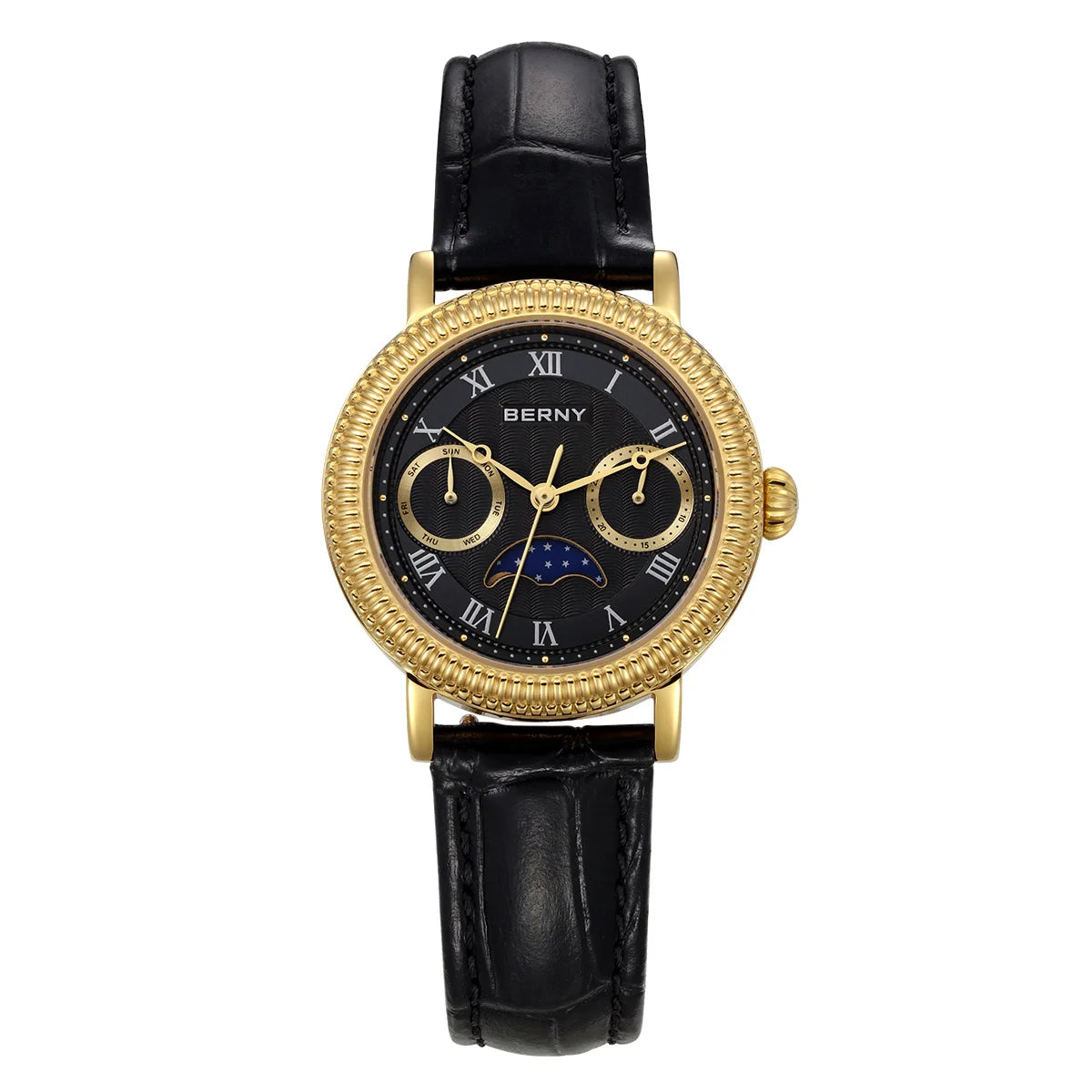 BERNY Watches for Women Week Calendar Sapphire Luxury Dress Ladies Gold Quartz Watch Elegant Vintage Moon Phase Wristwatch Gifts