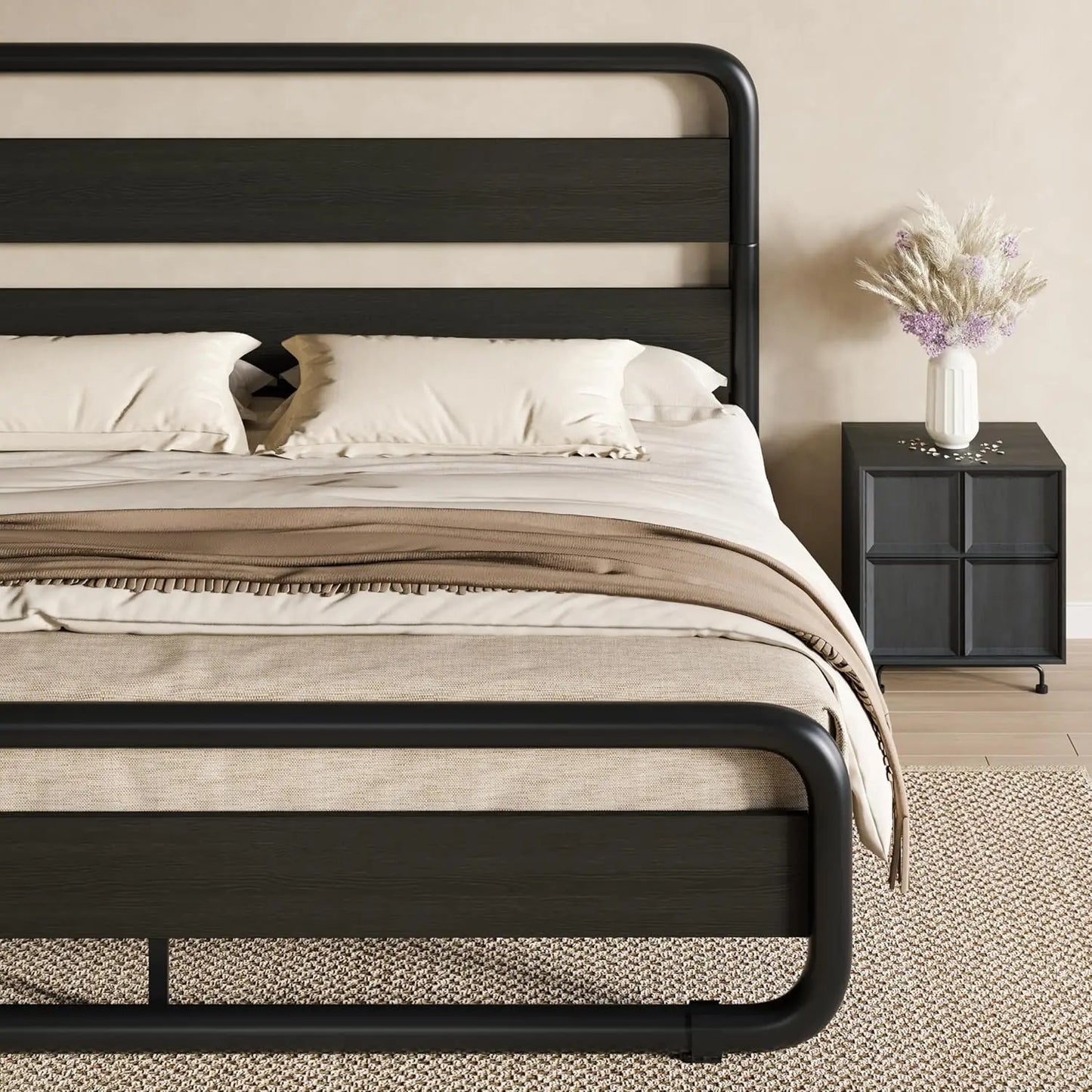 Queen Size Metal Bed Frame with Wooden Headboard , Heavy Duty Oval-Shaped Platform Bed with Under-Bed St