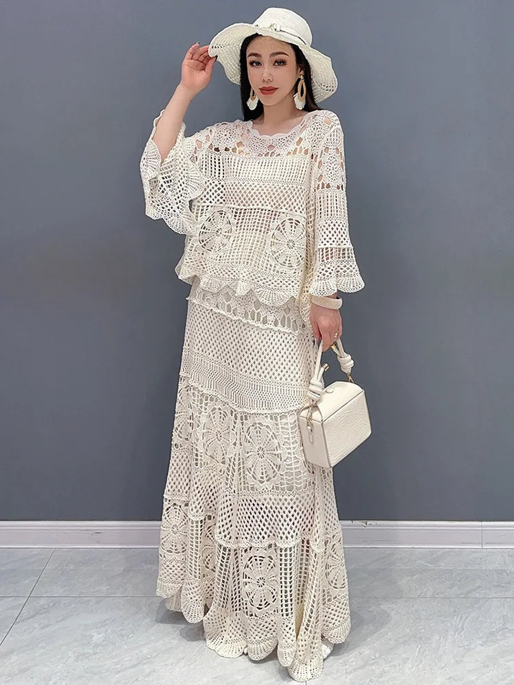 SHENGPALAE New Lace Set With Hollow Top Swing Long Skirt 2 Piece Set Fashionable Elegant Lady 2024 Spring Summer Clothes 5R9560