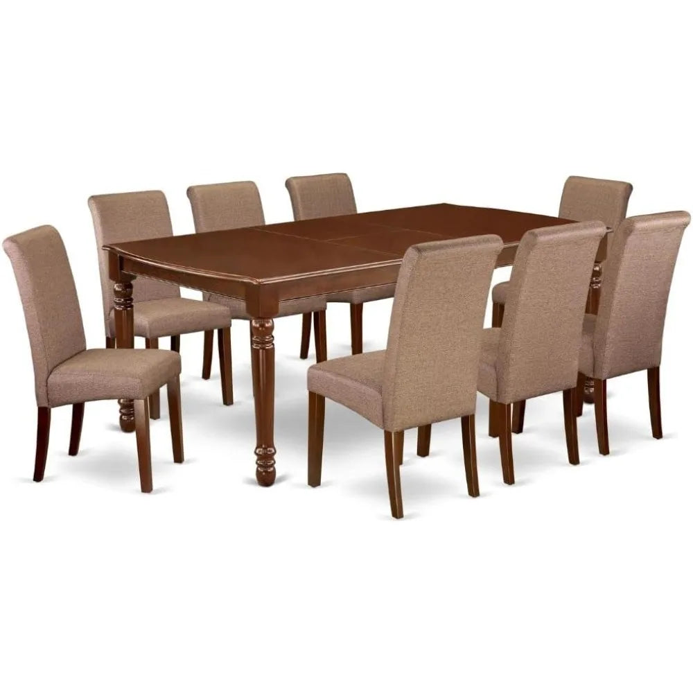 9 Piece Modern Dining Table Set Includes Rectangle Wooden Table with Butterfly Leaf and 8 Brown Linen Linen Fabric Parson Chairs