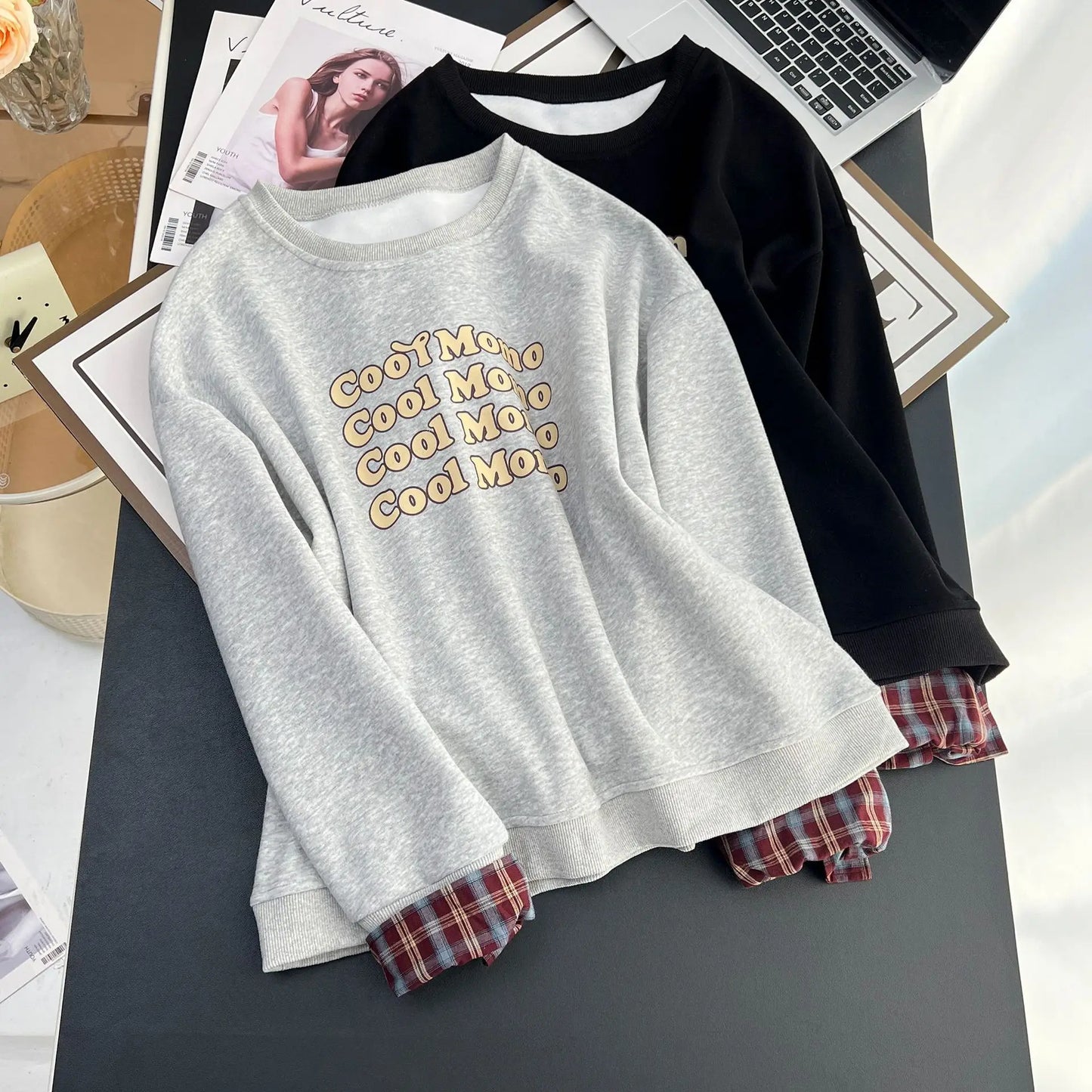 Women's Letter Printed Hoodie, Casual Sweatshirt, Loose Fake Two Pieces, New, Plus Size, Fall 2024, 2473