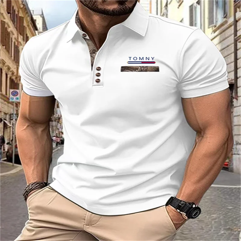 Summer Striped Print Golf T-shirt Men's Fashion Lapel Button Polo Shirt Hip-Hop Street Polos y2k Clothing Hot Sale