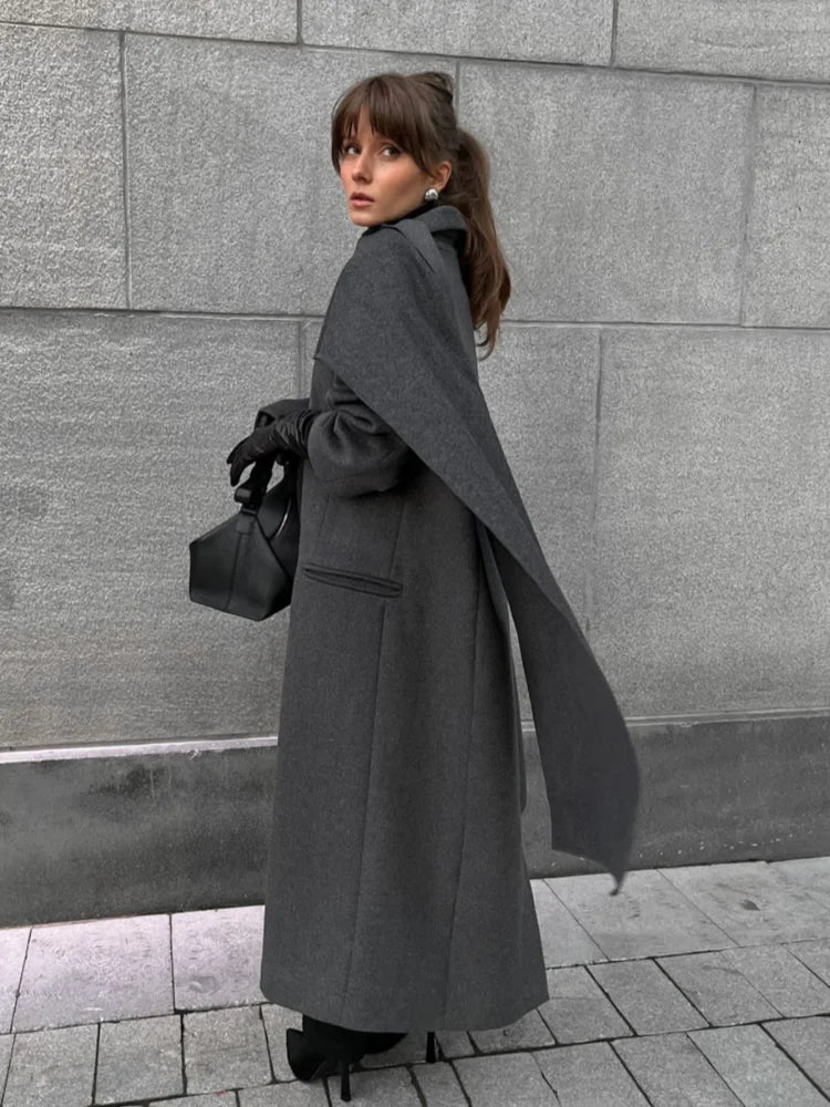 Elegant Oversized Scarf Collar Pockets Woolen Overcoats Women Fashion Buttons Long Sleeve Thicken Jackets 2024 Lady Outerwears