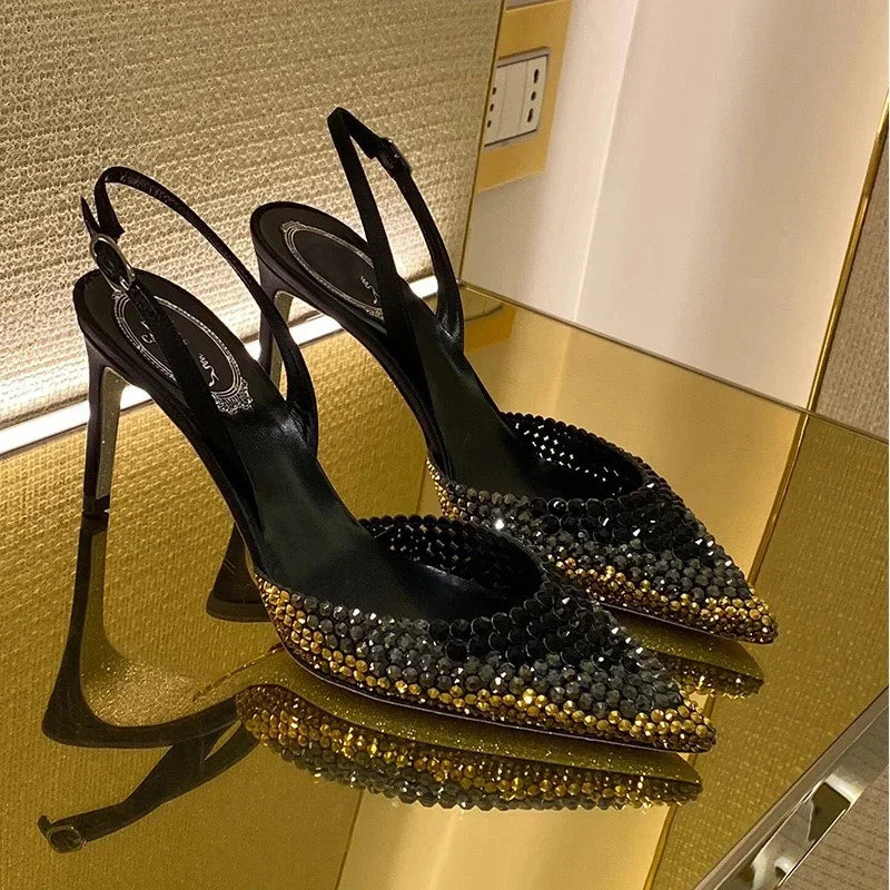 New Baotou sandals rhinestones gradient high heels, women's fashion, stunning temperament sandals formal dress, banquet shoes