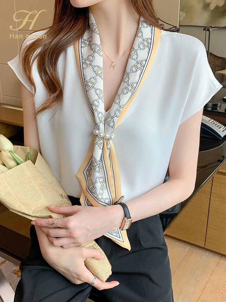 H Han Queen Summer Blusas Simple Office Lady Chiffon Blouse Female Shirt Lace-Up Tops Casual Korean OL Style Loose Blouses Women