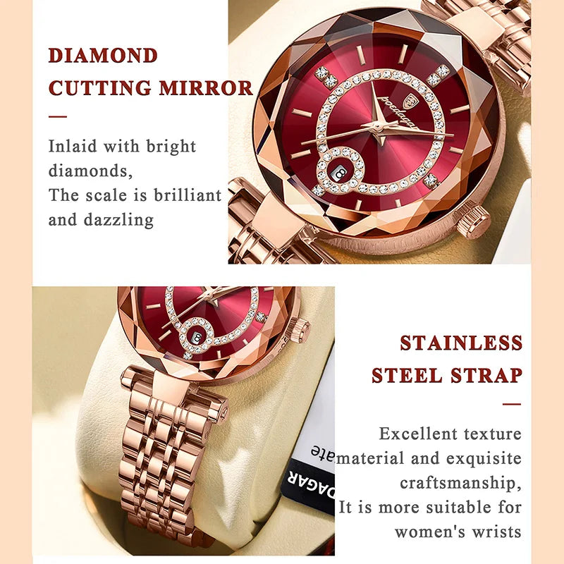 POEDAGAR Ultra Thin Diamond Womens Watch Luxury Waterproof Stainless Steel Quartz Woman Watch 2023 Elegant Rose Gold Clock Mujer