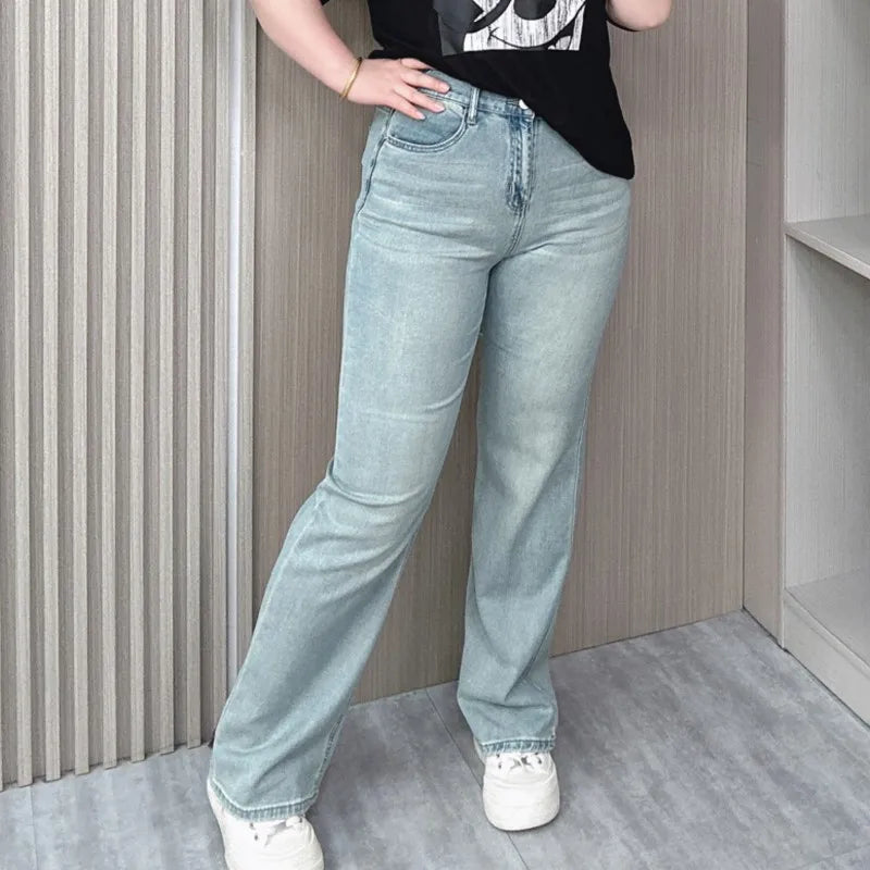 Light Blue Straight Leg Jeans Women 2024 Spring And Summer New Plus Size High Waist Casual Thin Wide Leg Long Pants