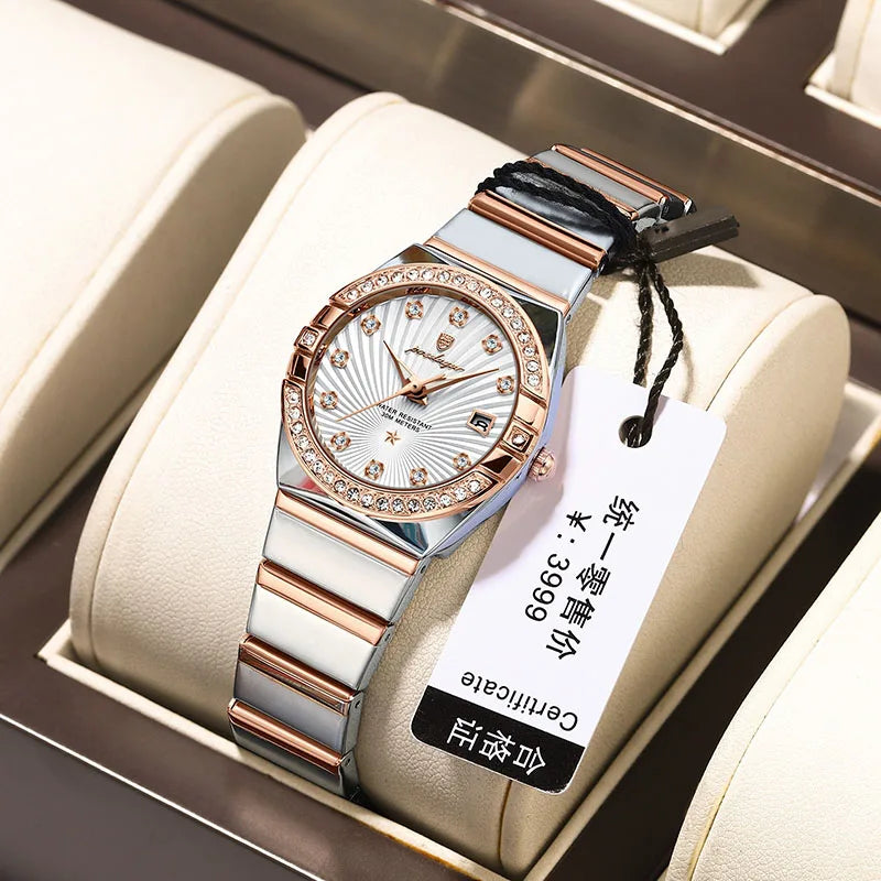 POEDAGAR Ultra Thin Diamond Womens Watch Luxury Waterproof Stainless Steel Quartz Woman Watch 2023 Elegant Rose Gold Clock Mujer