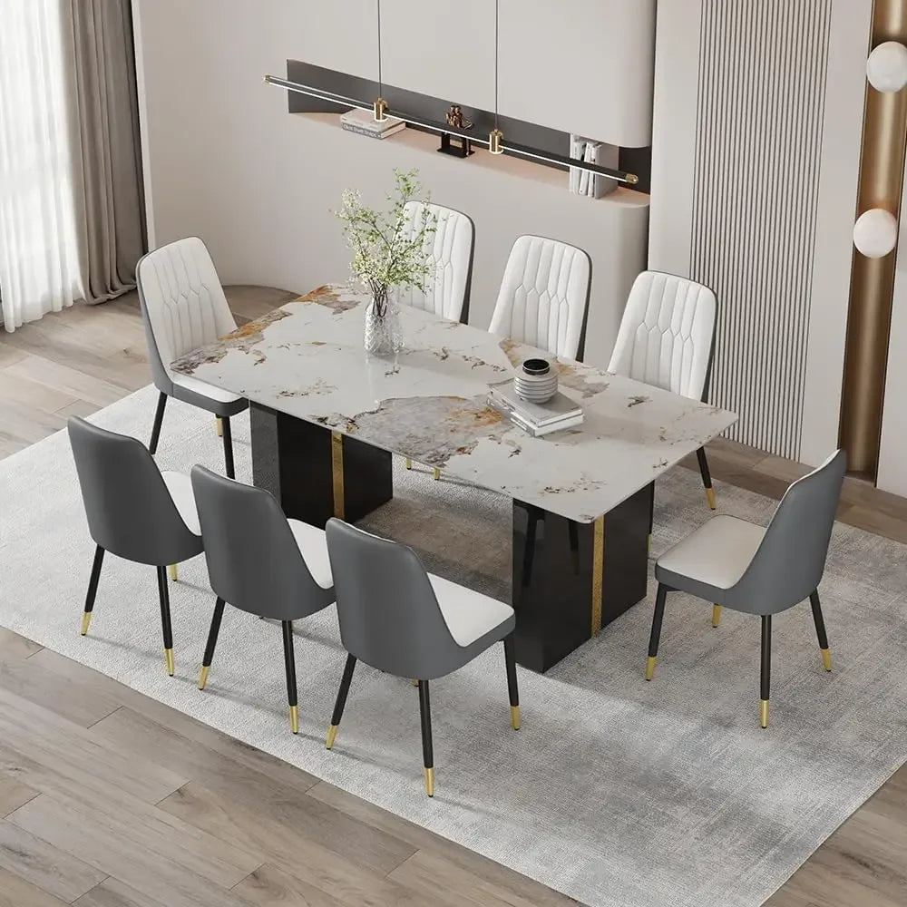 71'' Kitchen Table Set for 8 8 Chairs Dining Table Set Dining Faux Marble Table Set for 8 with PU Leather Chairs for Kitchen