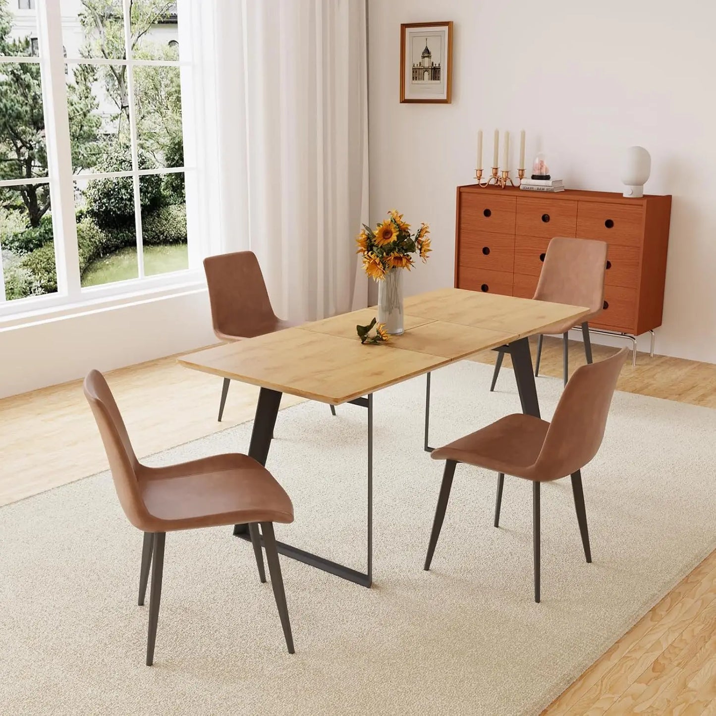 Modern Mid-Century Dining Table Dining Table and Chairs Rectangular Wooden Dining Table Expandable Dining Table Space-Saving