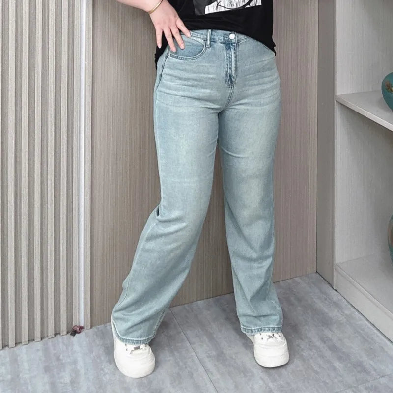 Light Blue Straight Leg Jeans Women 2024 Spring And Summer New Plus Size High Waist Casual Thin Wide Leg Long Pants