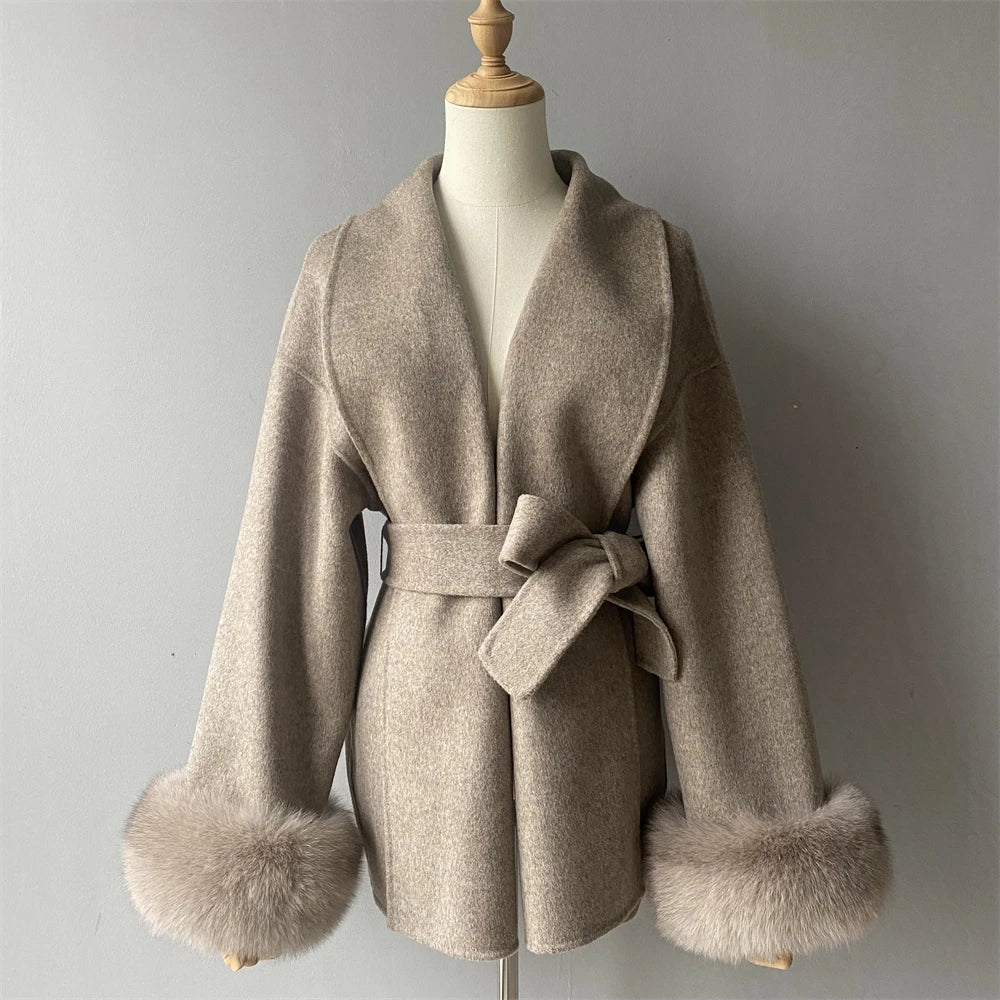 Jaxmonoy Women's Wool Coat with Real Fox Fur Collar and Cuffs Autumn Winter New Arrival Ladies Wool Jacket 2024 New In Outerwear