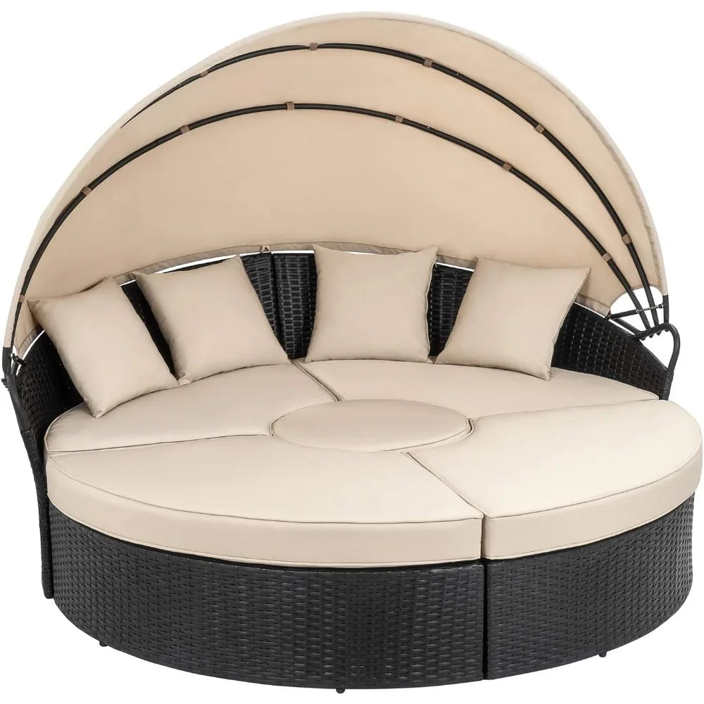 Patio Furniture Round Daybed with Retractable Canopy, Outdoor Wicker Rattan Sectional Sofa Set,Seating Separates Cushioned Seats