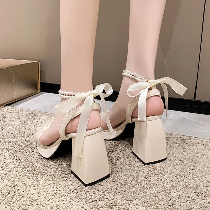 Shoes for Women Pearl Sandals Suit Female Beige Increasing Height Block Heels All-Match Black Bow 2024 Fashion Chunky Sandals